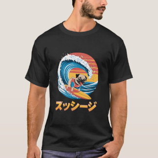 T-shirt Drôle Chien Carlin Japonais Kanagawa Vague