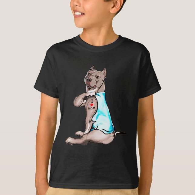 T-shirt Drôle Chien Pitbull I Love Maman Tattoo Amoureux d (Devant)