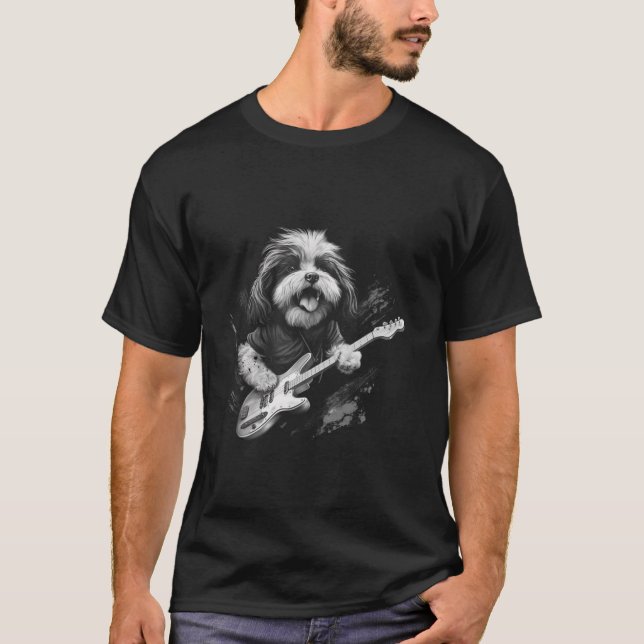 T-shirt Drôle Chih Tzu Chien Jouant Guitare Rock Long Manc (Devant)