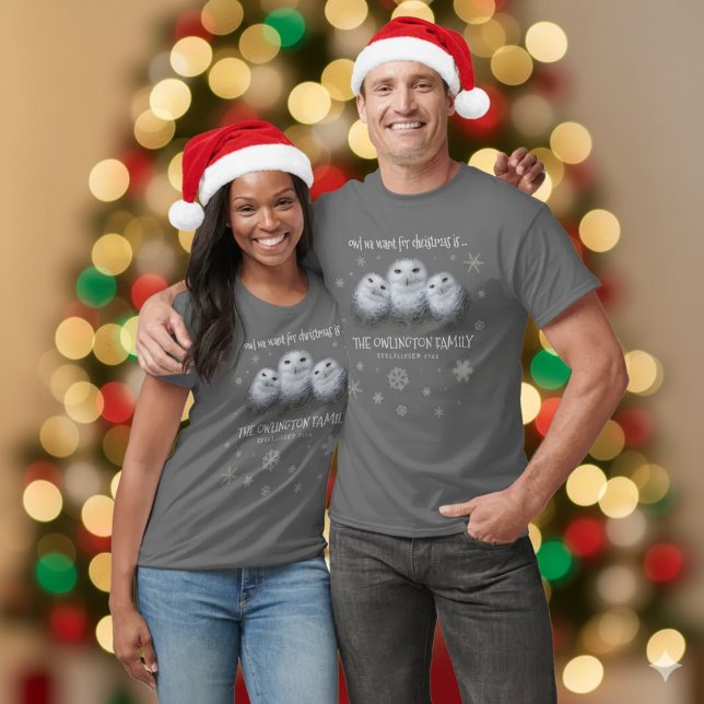 T-shirt Drôle Chouette que nous voulons pour Noël ... Chou (Trio of Snowy Owls Couple's T-Shirts Cover Photo)