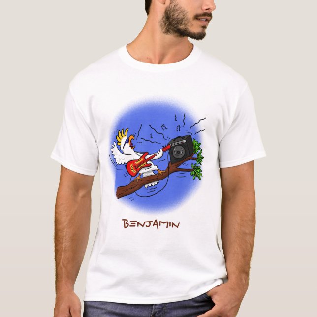 T-shirt Drôle cockatoo jouant de la guitare rock dessin an (Devant)