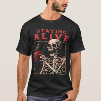 T-shirt Drôle Crâne Restant Vivant Squelette Boire Café