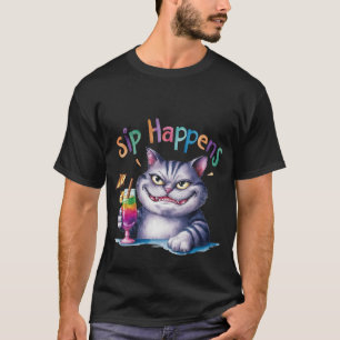 T-shirt Drôle de "Sip Happens"Aquarelle Chat Cocktail🍹🐈
