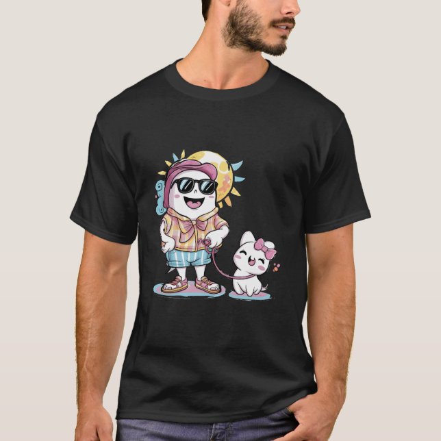 T-shirt Drôle Fantôme Été Promenade Chat mignonne Saison É (Devant)