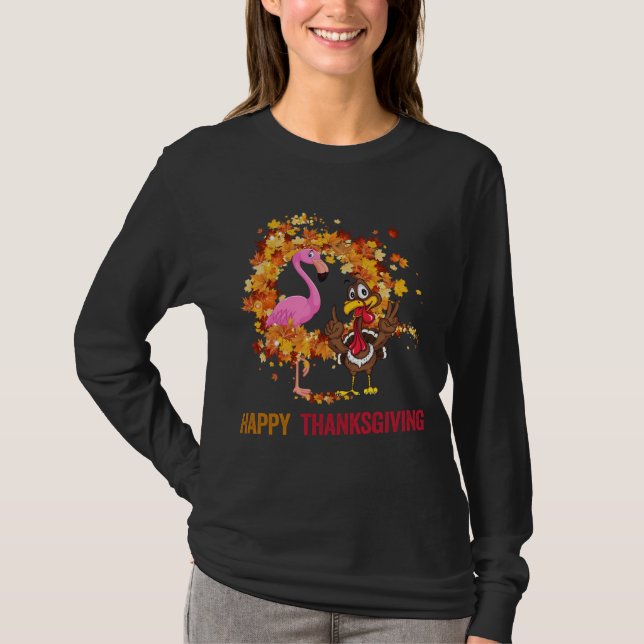 T-shirt Drôle Flamant rose de Thanksgiving avec Turquie mi (Devant)