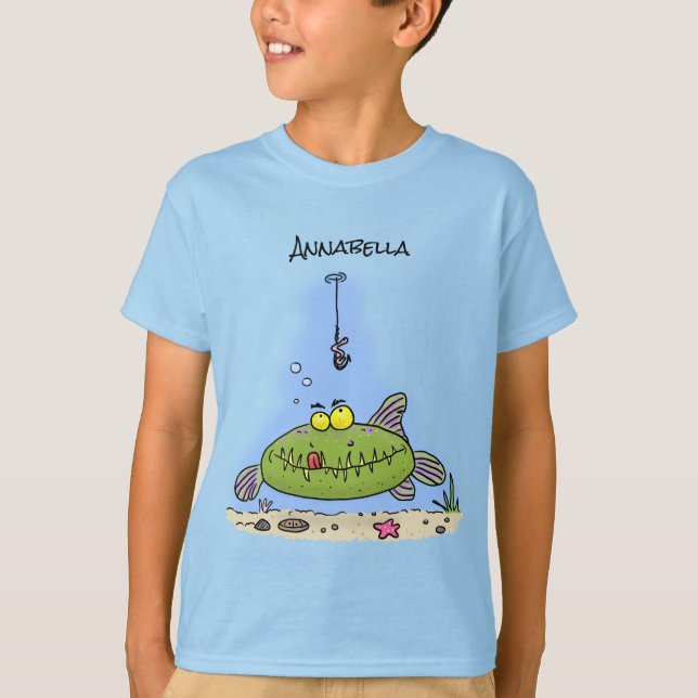 T-shirt Drôle gras affamé poisson vert dessin de pêche (Devant)