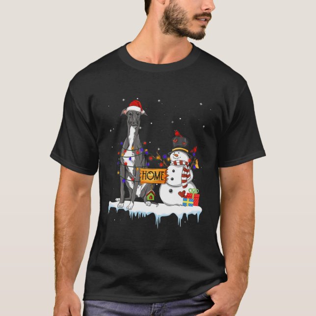 T-shirt Drôle Greyhound Chien Noël Snowman lumières de Noë (Devant)