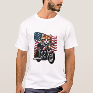 T-shirt Drôle Grunge Chat Riding Moto drapeau américain