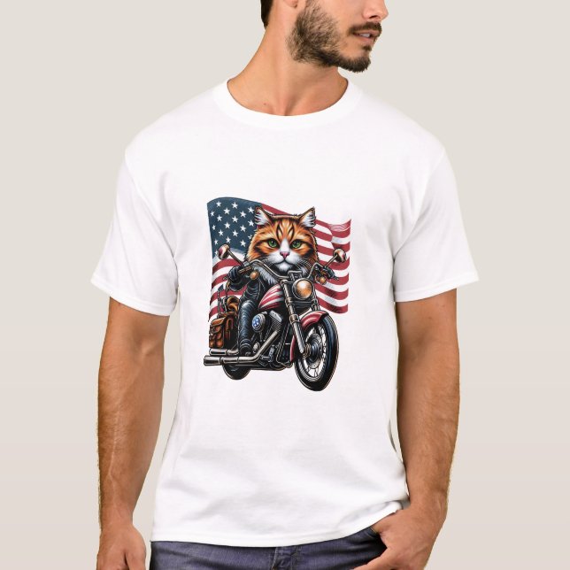 T-shirt Drôle Grunge Chat Riding Moto drapeau américain (Devant)