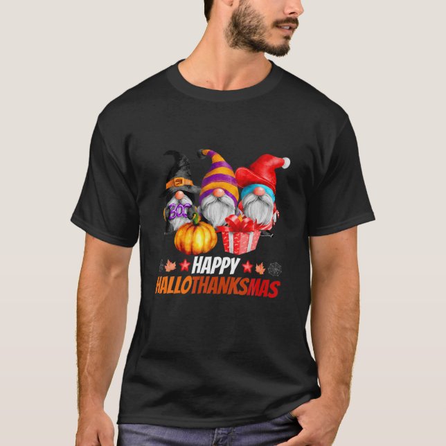 T-shirt Drôle Hallothanksmas Gnomes Hallothanksmas Happy (Devant)