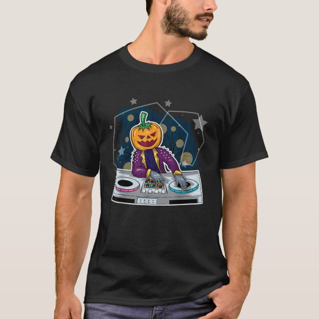 T-shirt Drôle Halloween DJ Citrouille Tourne-disques Zombi (Devant)