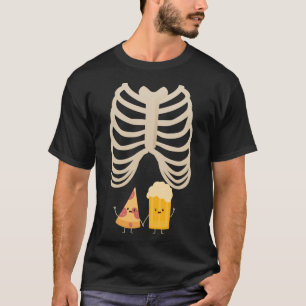 T-shirt Drôle Halloween Squelette Grossesse Pizza & Bière 