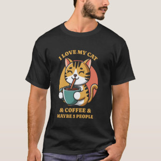 T-shirt Drôle J'Aime Mon Chat Café Et Peut-être Trois Pers