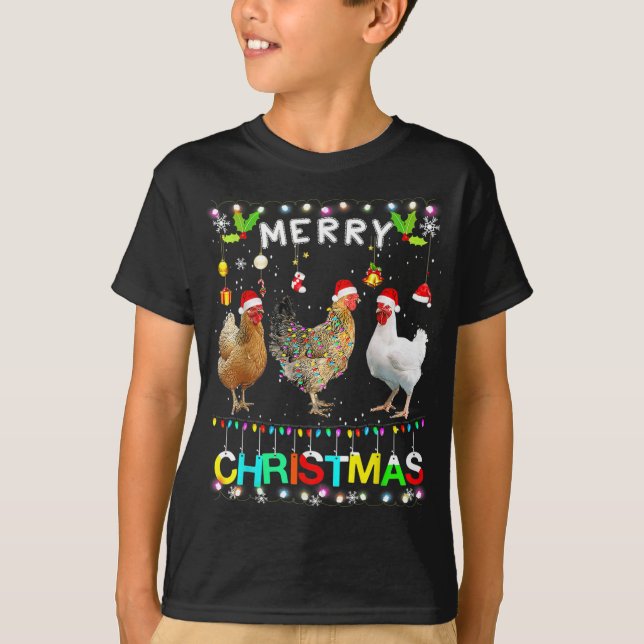T-shirt Drôle Joyeux poulet de Noël Santa Hat Lights Xma (Devant)
