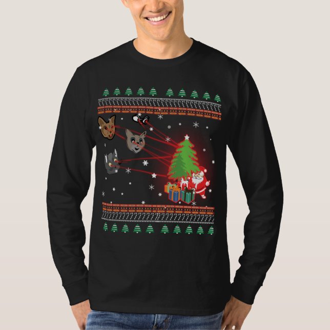 T-shirt Drôle Laser Eyes Chat laide lumières de Noël (Devant)
