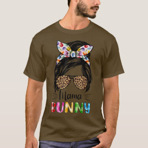 T-shirt Drôle Mama Bunny Leopard Messy Bun Jour de Pâques 
