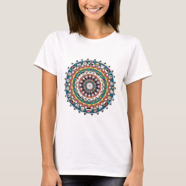 T-shirt Drôle Mandala Design avec Visages de dessin animé (Devant)