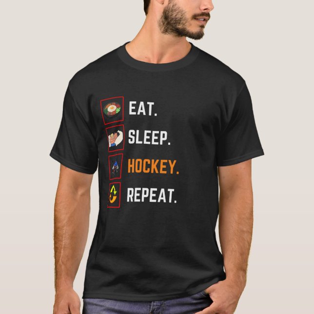 T-shirt Drôle Manger Hockey Sleep Répéter Cadeau (Devant)