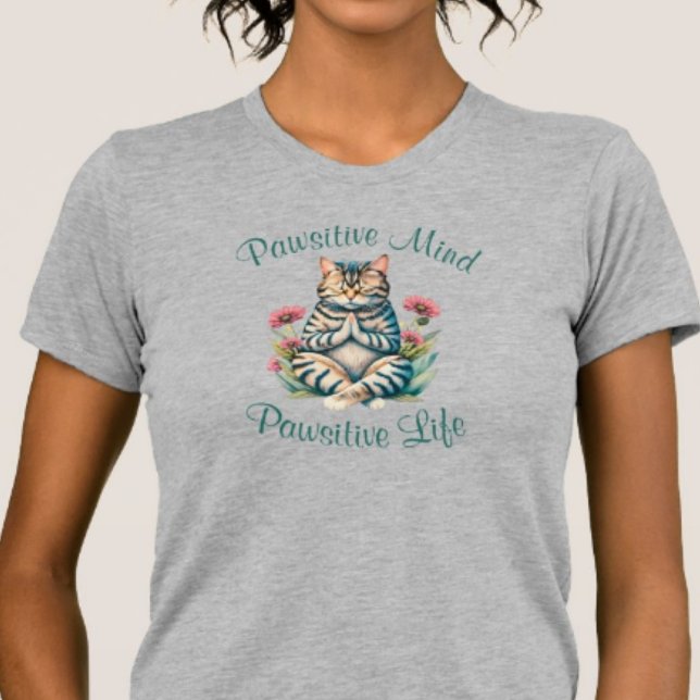 T-shirt Drôle Méditation Cat Inspirationnel Positif Citati (Cute Funny Meditating Cat Positive Mind Positive Vibes, Watercolor Design with Flowers and Leaves)