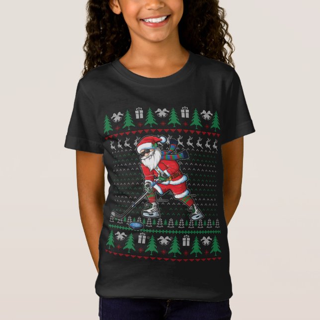 T-Shirt Drôle Père Noël Joueur de hockey sur glace laide d (Devant)