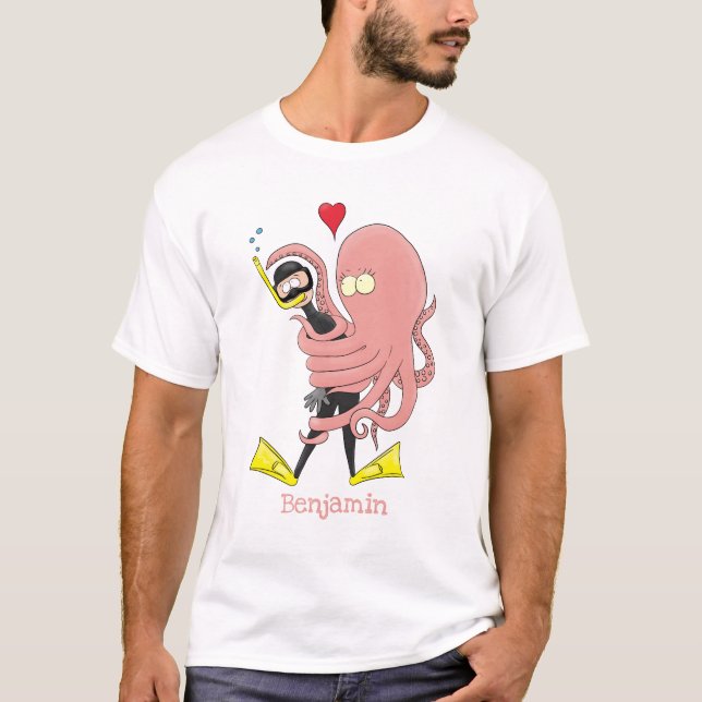 T-shirt Drôle pieuvre embrasse plongeur dessin animé humou (Devant)