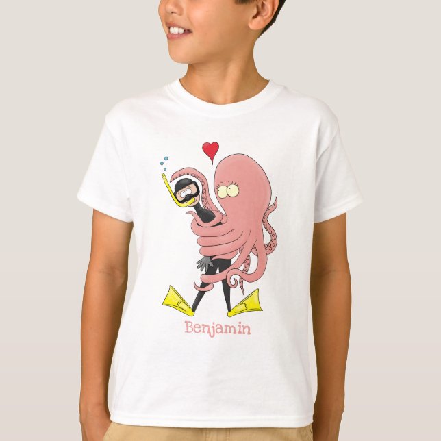 T-shirt Drôle pieuvre embrasse plongeur dessin animé humou (Devant)