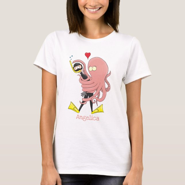 T-shirt Drôle pieuvre embrasse plongeur dessin animé humou (Devant)