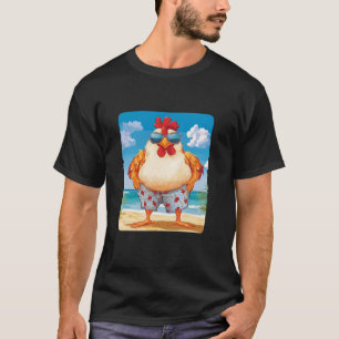 T-shirt Drôle Poulet de Plage avec lunettes de soleil et m