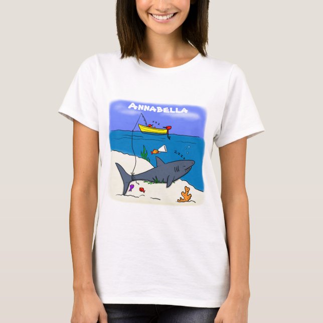 T-shirt Drôle requin couché et dessin animé de pêche (Devant)