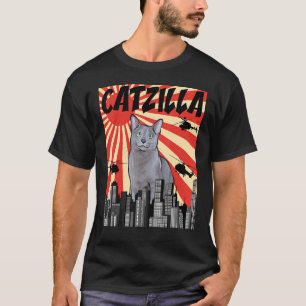 T-shirt Drôle Rétro Japonais Catzilla Chat Bleu Russe 1
