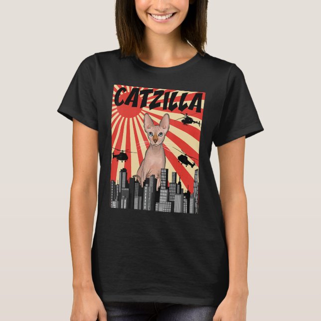 T-shirt Drôle Retro Japonais Catzilla Sphynx Chat (Devant)