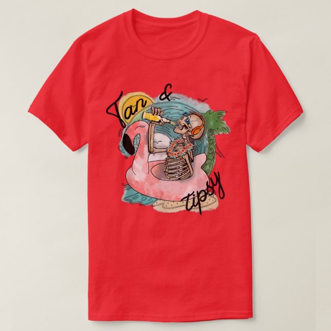 T-shirt Drôle Skeleton Boire Tan et Tipsy Summer Beach (Design devant)