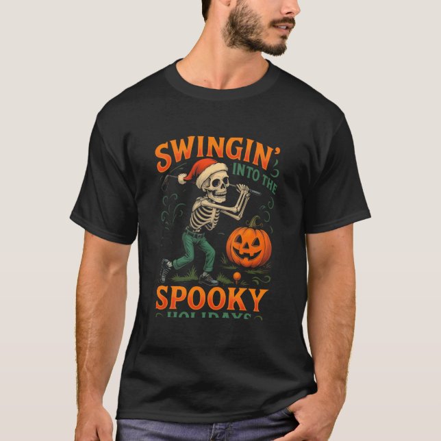 T-shirt Drôle Skeleton Golfer Halloween Design de Noël (Devant)
