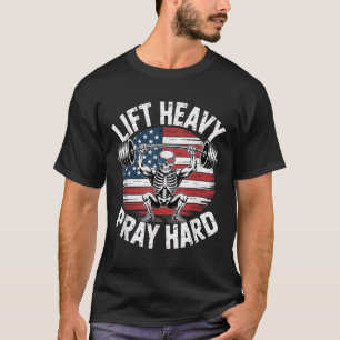 T-shirt Drôle Skeleton Us Drapeau Ascenseur Lourd Prière G