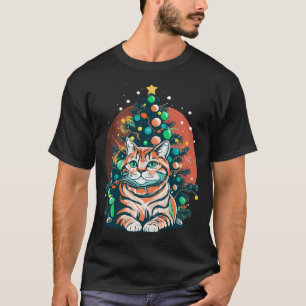T-shirt Drôle Tabby Chat Merry Xmas Pyjamas Chritsmas Arbr