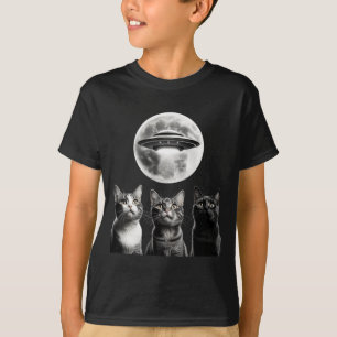 T-shirt Drôles 3 Chats Effrayés Lune Ufo Alien Invasion Te