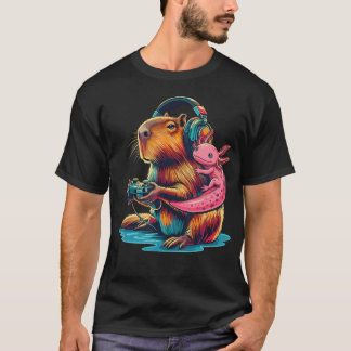 T-shirt Drôles Jeux Vidéo Kawaii Axolotl Et Capybara Homme