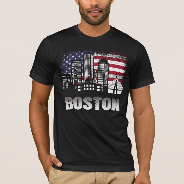 T-shirt du drapeau américain de Boston Skyline (Devant)