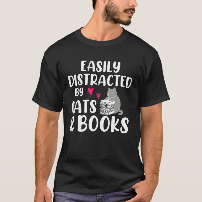 T-shirt Easily Distracted By Books Cat Kitty Reading  Read (Devant)