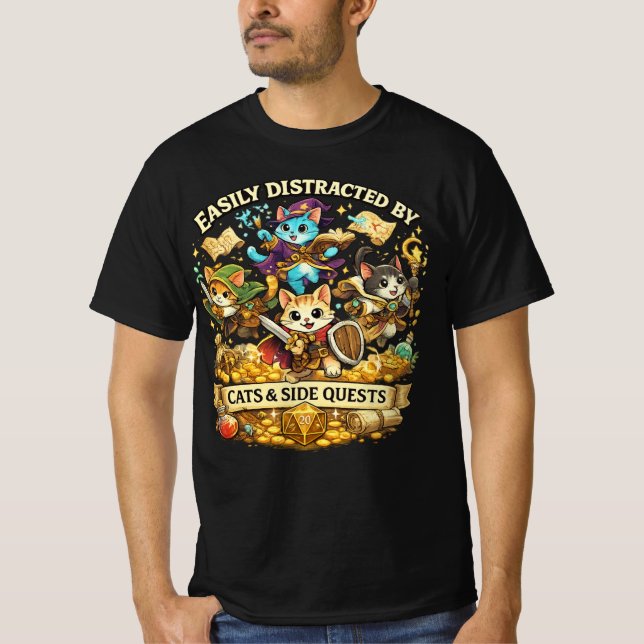 T-shirt Easily Distracted by Cats & Side Quests Funny RPG  (Devant)
