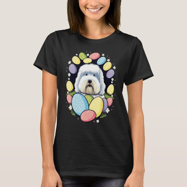 T-shirt Easter Bobtail Bunny Eggs Dog on Easter Old Englis (Devant)