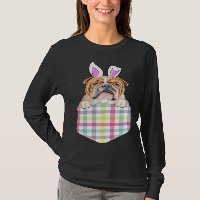T-shirt Easter Plaid Bulldog Bunny Dog In Pocket (Devant)