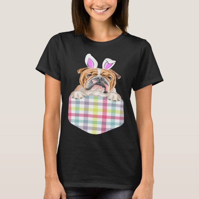 T-shirt Easter Plaid Bulldog Bunny Dog In Pocket (Devant)