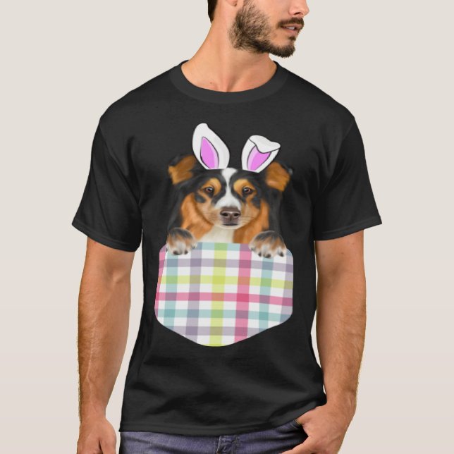 T-shirt Easter Plaid Shetland Sheepdog Bunny Dog In Pocket (Devant)