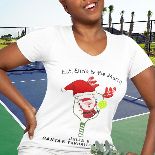 T-shirt Eat Drink & Be Joyeux Christmas Pickleball Team (Funny Christmas Pickleball Team Partner Design. Santa Hat Reindeer Antlers, Christmas Lights)