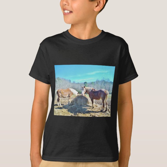 T-shirt Ébauche secourue Chevaux mangeant foin (Devant)