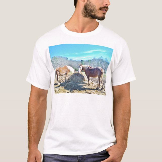 T-shirt Ébauche secourue Chevaux mangeant foin (Devant)