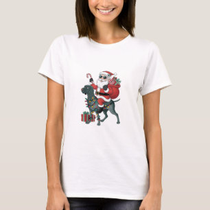 T-shirt Éclairage de Noël Père Noël équitation grand chien