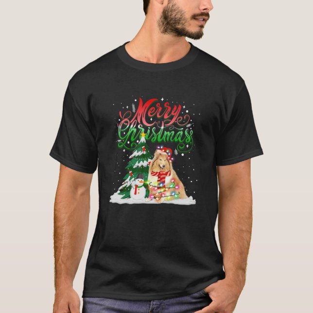 T-shirt Éclairage de Noël Pyjama Correspondance Sheltie Pè (Devant)