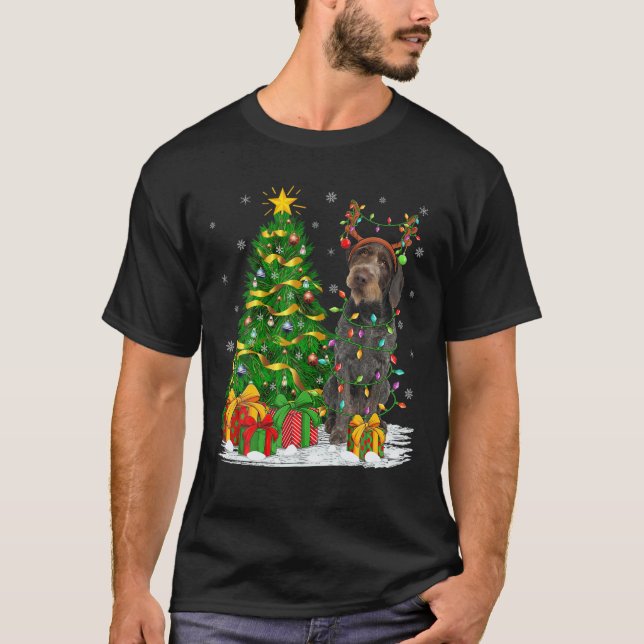 T-shirt Éclairage Xmas Reindeer Allemand À poils durs Poin (Devant)